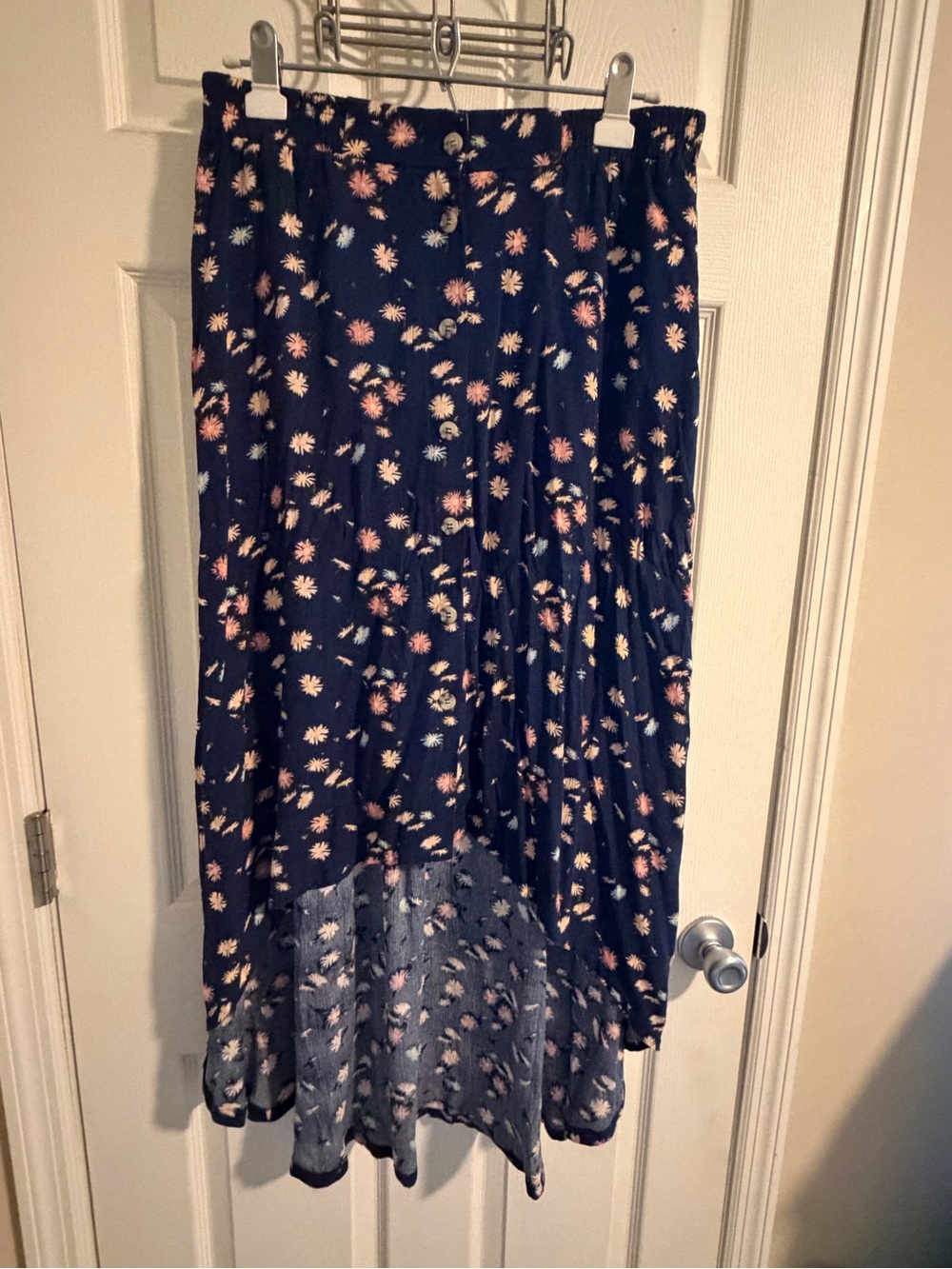 Rewind Navy High-Low Floral Midi Skirt with Pink and Cream Blooms